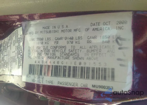 2001 Mitsubishi Galant Es z USA, uszkodzony, nr VIN 4A3AA46G11E091553